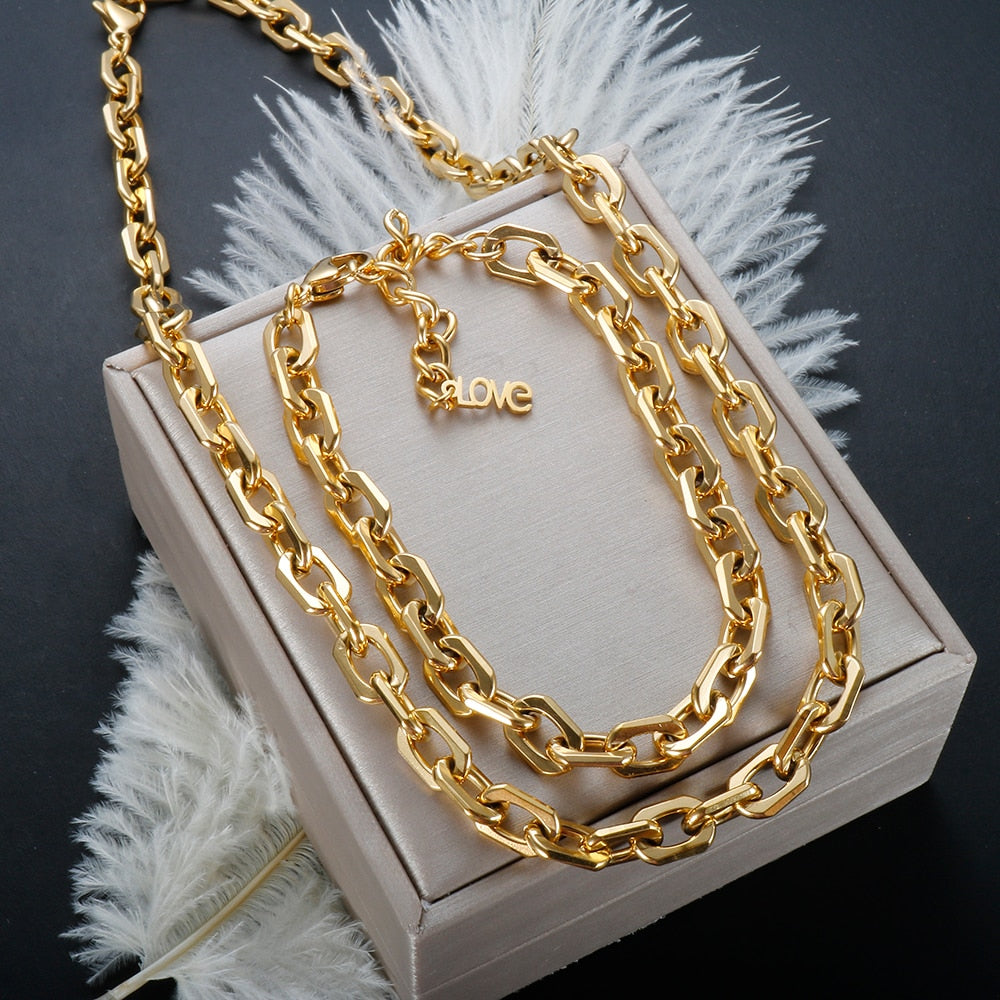 Trendy Gold Plated Link Chain Necklace Bracelet Earrings for Women Punk Collar Boho Chokers Jewelry Set Aesthetic Thick Chain